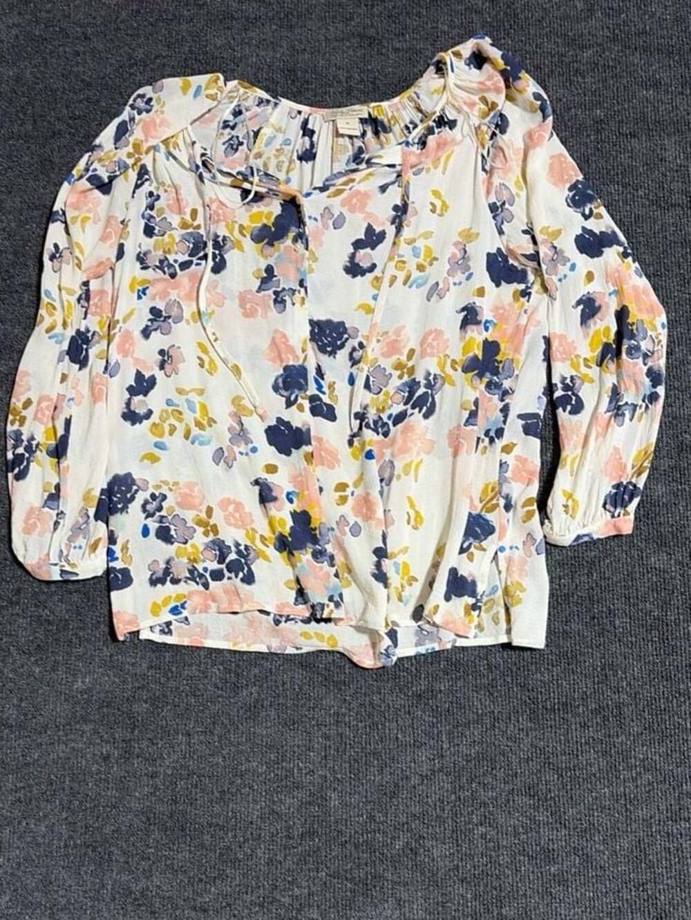 Lucky Brand Floral Print Tie-Neck Long Sleeve Blouse Size M